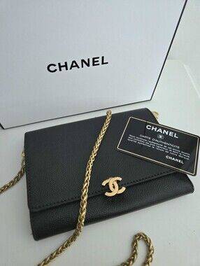 Authentic CHANEL‎ 1998 Black Gold Caviar Conversion WOC Full Set